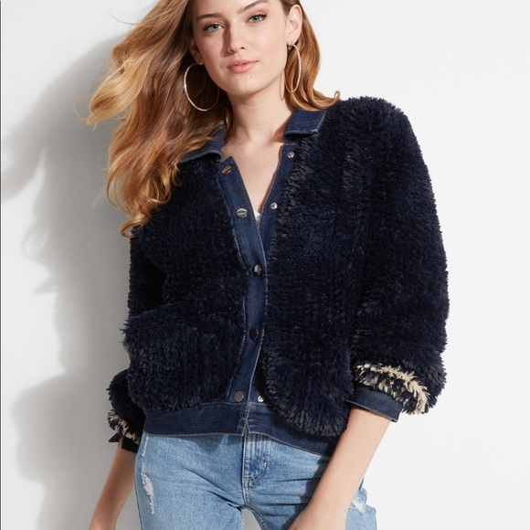 NEW GUESS Nebula Fur Denim Coat SZ XS - Picture 1 of 4